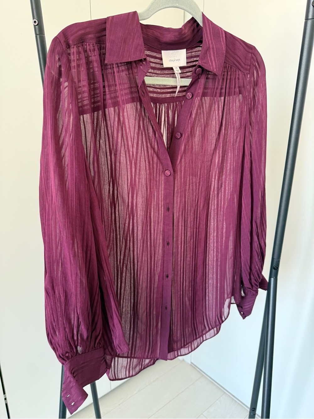 NWT Cinq a sept Sheer Pleated Button-Front Blouse in Plum